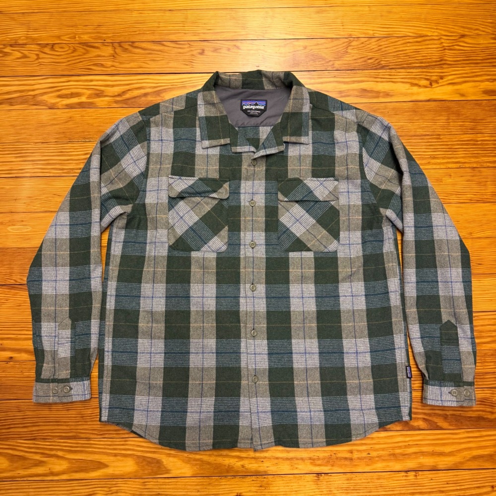 Patagonia Gerard Men's Flannel Shirt XXL Merino Wool Blend Plaid Button Up Green